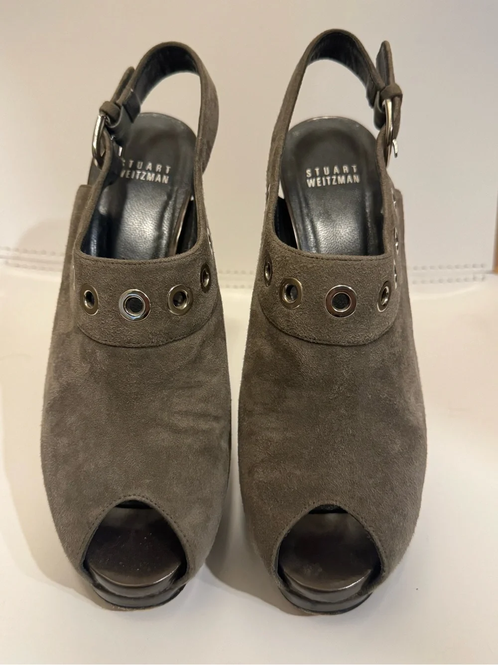 Stuart Weitzman Olive Taupe Suede Peep-Toe Slingback Mules